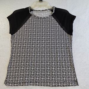 Womens Monogram Print Top Womens Size S Black White Sheer Cap Sleeve Casual Art